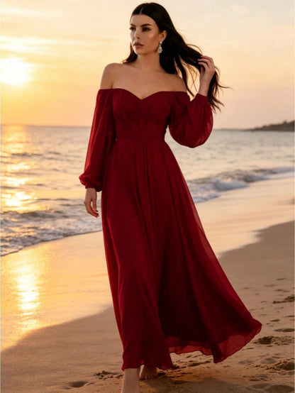 Elegant Off Shoulder Puff Long Sleeve Chiffon Maxi Dress White A Line Flowy Wedding Bridal Gown Formal Party Evening Gown