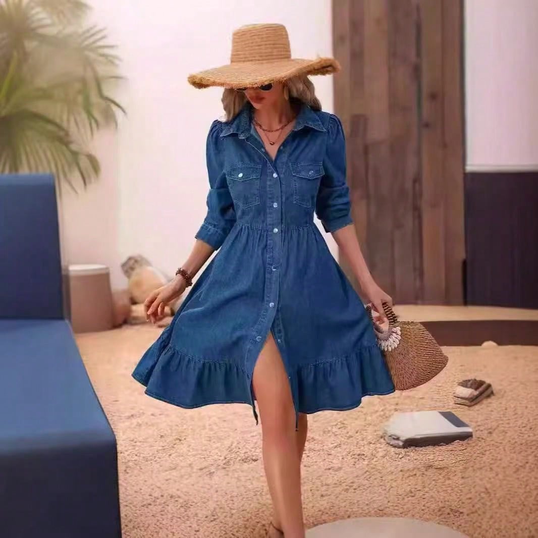 Elegant Patchwork Lapel Long Sleeve Shirt Dress Women 2026 Casual Chic Slim Fit Midi Dress
