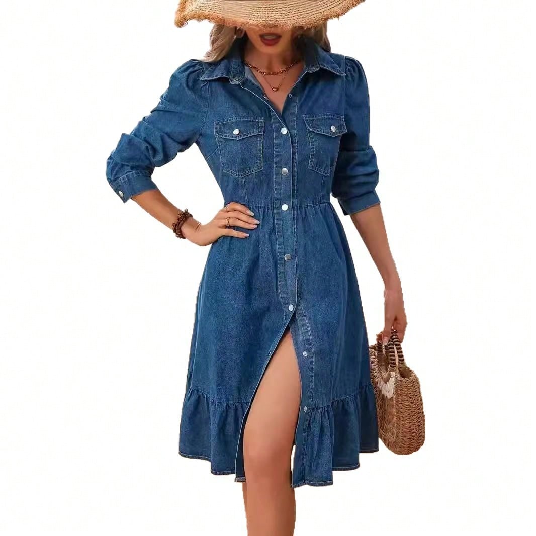 Elegant Patchwork Lapel Long Sleeve Shirt Dress Women 2026 Casual Chic Slim Fit Midi Dress