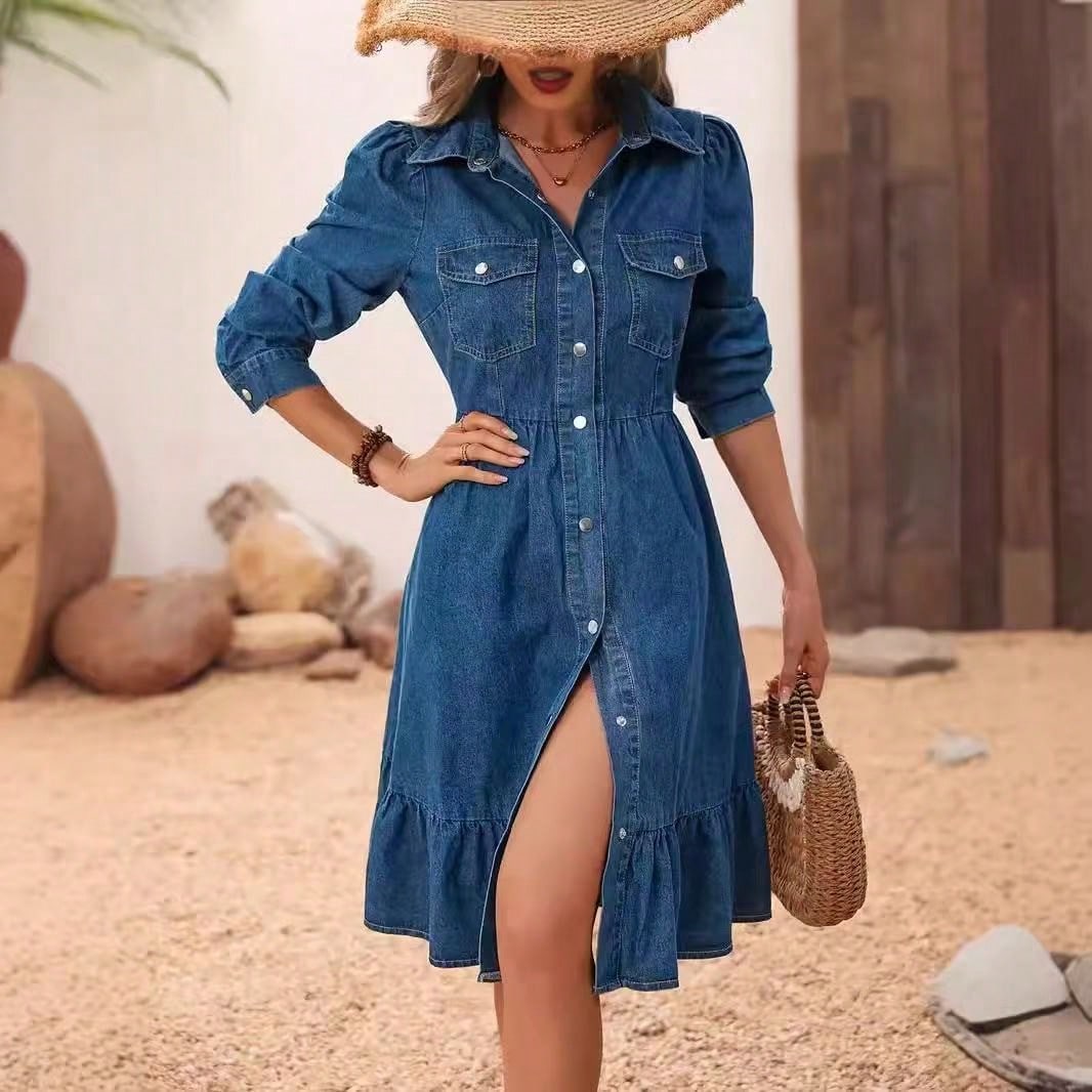 Elegant Patchwork Lapel Long Sleeve Shirt Dress Women 2026 Casual Chic Slim Fit Midi Dress