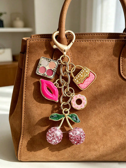 Elegant Rhinestone Cherry Pendant Keychain, Makeup Theme Pendant, Y2K Style, With Cute Pink Cherry, Lipstick, Eyeshadow Palette And Donut Design, Summer Pink, Suitable For Backpack, Handbag, Wallet, B
