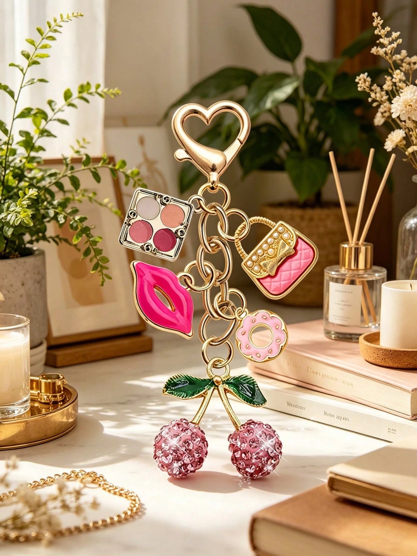 Elegant Rhinestone Cherry Pendant Keychain, Makeup Theme Pendant, Y2K Style, With Cute Pink Cherry, Lipstick, Eyeshadow Palette And Donut Design, Summer Pink, Suitable For Backpack, Handbag, Wallet, B