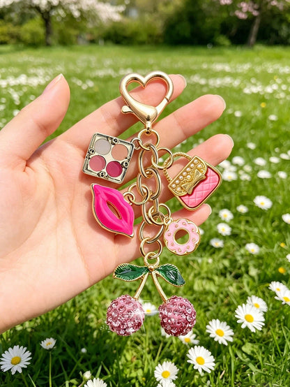 Elegant Rhinestone Cherry Pendant Keychain, Makeup Theme Pendant, Y2K Style, With Cute Pink Cherry, Lipstick, Eyeshadow Palette And Donut Design, Summer Pink, Suitable For Backpack, Handbag, Wallet, B