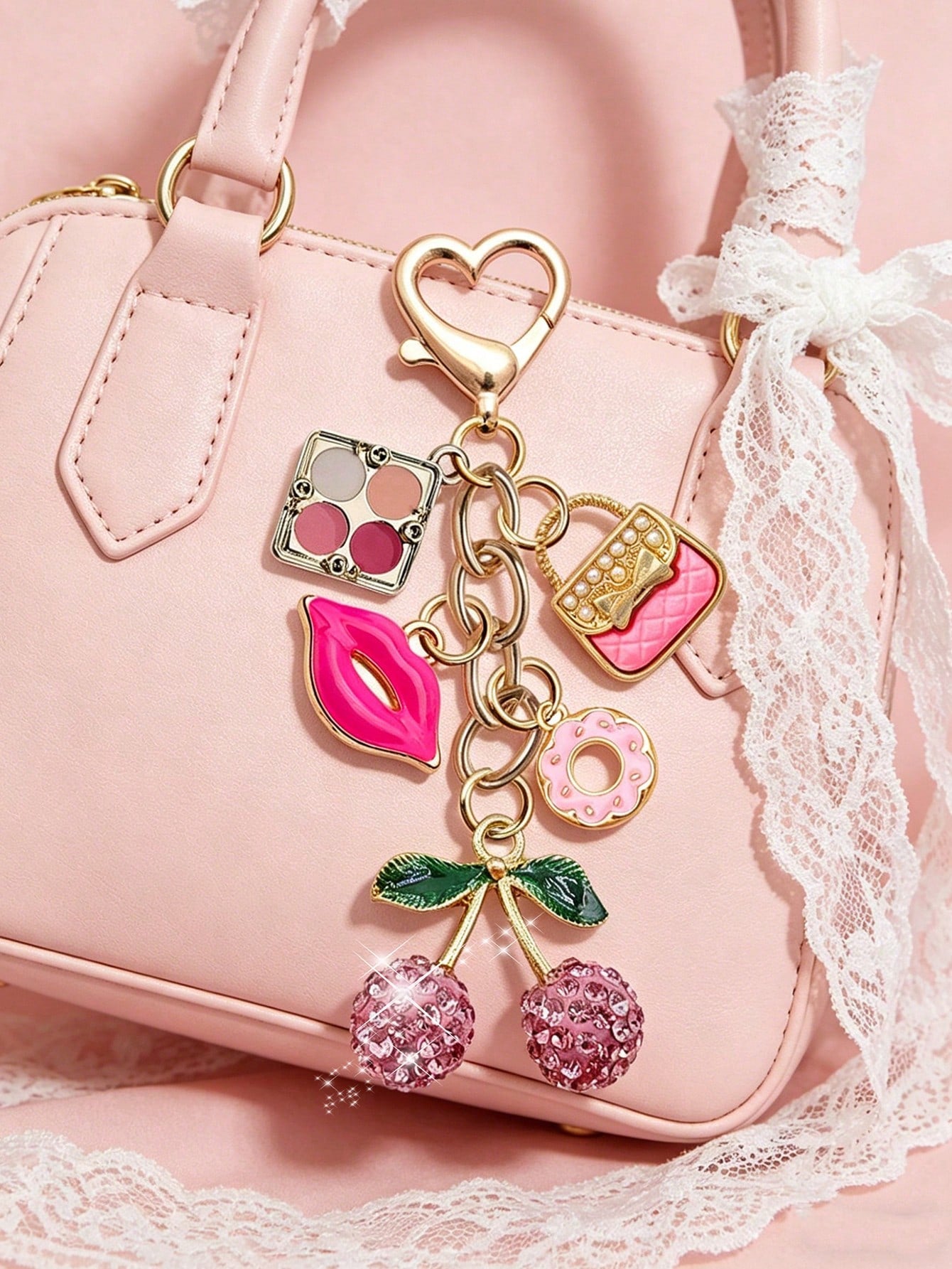 Elegant Rhinestone Cherry Pendant Keychain, Makeup Theme Pendant, Y2K Style, With Cute Pink Cherry, Lipstick, Eyeshadow Palette And Donut Design, Summer Pink, Suitable For Backpack, Handbag, Wallet, B