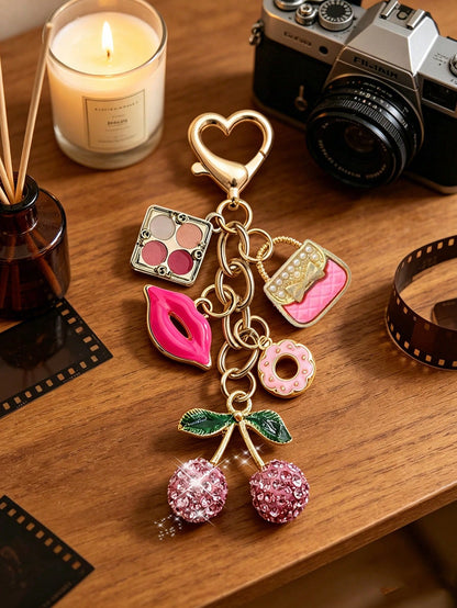 Elegant Rhinestone Cherry Pendant Keychain, Makeup Theme Pendant, Y2K Style, With Cute Pink Cherry, Lipstick, Eyeshadow Palette And Donut Design, Summer Pink, Suitable For Backpack, Handbag, Wallet, B