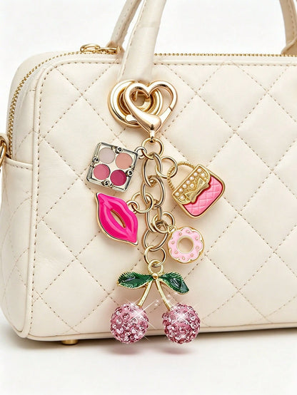 Elegant Rhinestone Cherry Pendant Keychain, Makeup Theme Pendant, Y2K Style, With Cute Pink Cherry, Lipstick, Eyeshadow Palette And Donut Design, Summer Pink, Suitable For Backpack, Handbag, Wallet, B