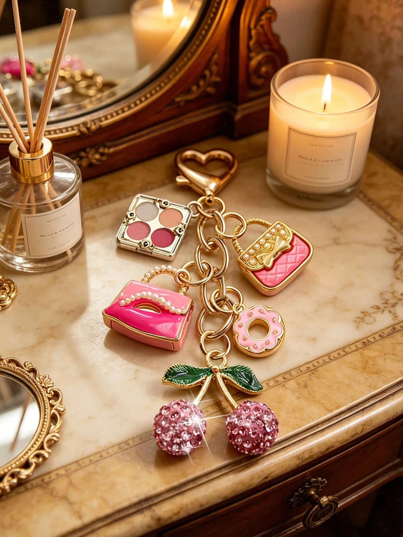 Elegant Rhinestone Cherry Pendant Keychain, Makeup Theme Pendant, Y2K Style, With Cute Pink Cherry, Lipstick, Eyeshadow Palette And Donut Design, Summer Pink, Suitable For Backpack, Handbag, Wallet, B