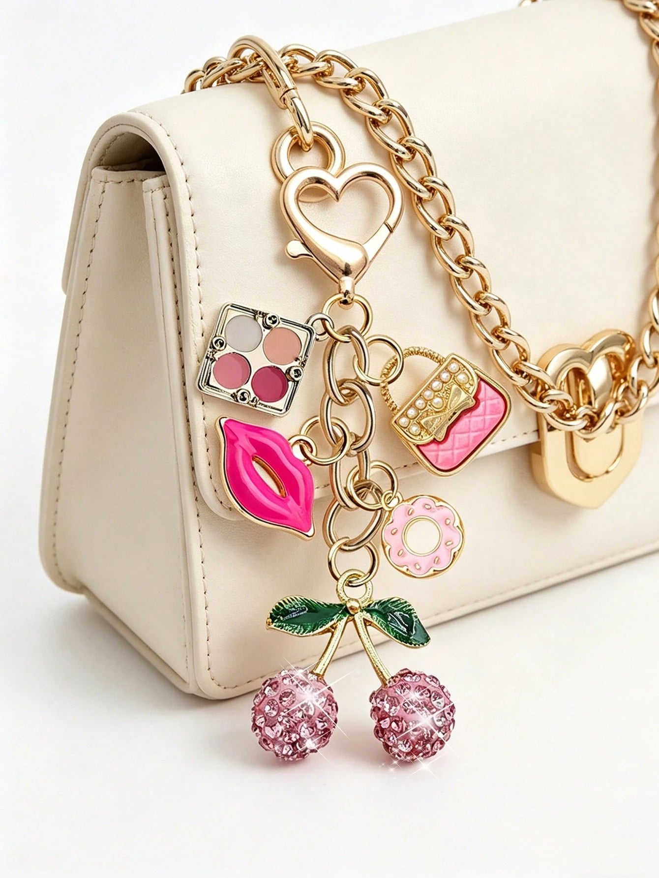 Elegant Rhinestone Cherry Pendant Keychain, Makeup Theme Pendant, Y2K Style, With Cute Pink Cherry, Lipstick, Eyeshadow Palette And Donut Design, Summer Pink, Suitable For Backpack, Handbag, Wallet, B