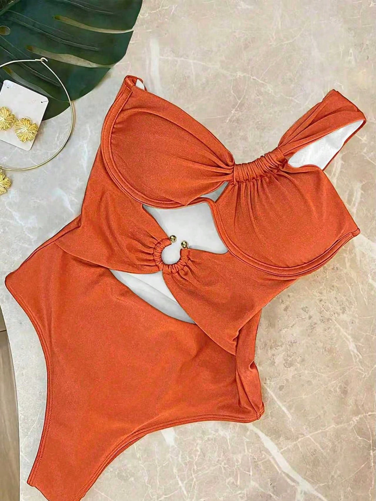 Elegant Sexy Deep Orange One-Shoulder Hollow-Out Women's One-Piece Swimsuit, Suitable For Spring/Summer, Beach Vacation, Party And Date