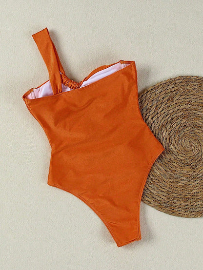 Elegant Sexy Deep Orange One-Shoulder Hollow-Out Women's One-Piece Swimsuit, Suitable For Spring/Summer, Beach Vacation, Party And Date