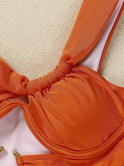 Elegant Sexy Deep Orange One-Shoulder Hollow-Out Women's One-Piece Swimsuit, Suitable For Spring/Summer, Beach Vacation, Party And Date