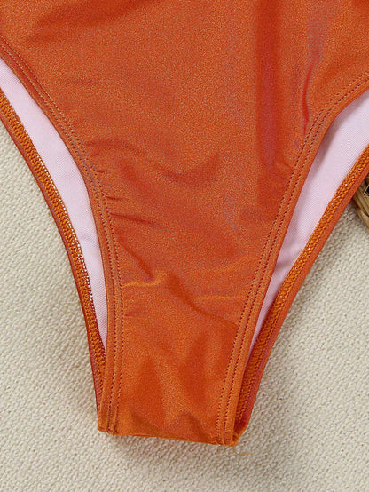 Elegant Sexy Deep Orange One-Shoulder Hollow-Out Women's One-Piece Swimsuit, Suitable For Spring/Summer, Beach Vacation, Party And Date