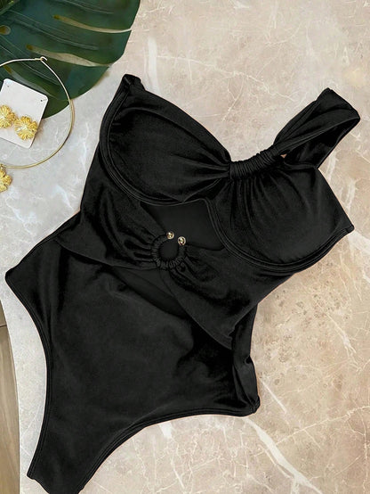 Elegant Sexy Deep Orange One-Shoulder Hollow-Out Women's One-Piece Swimsuit, Suitable For Spring/Summer, Beach Vacation, Party And Date