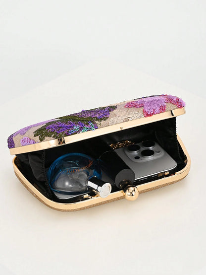 Elegant Shiny Multi-Color Leaf & Floral Patchwork Crossbody Clutch Bag, Vintage Chain Strap Mini Square Box Bag, Suitable For Party, College Students