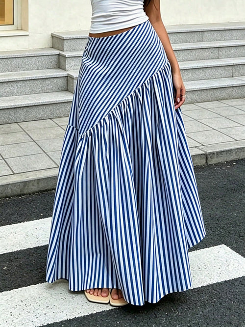Elegant Spring Autumn All-Season Versatile French Casual Bohemian Style Woven Fabric Flare A-Line Women's Long Skirt Summer