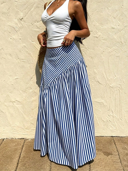 Elegant Spring Autumn All-Season Versatile French Casual Bohemian Style Woven Fabric Flare A-Line Women's Long Skirt Summer