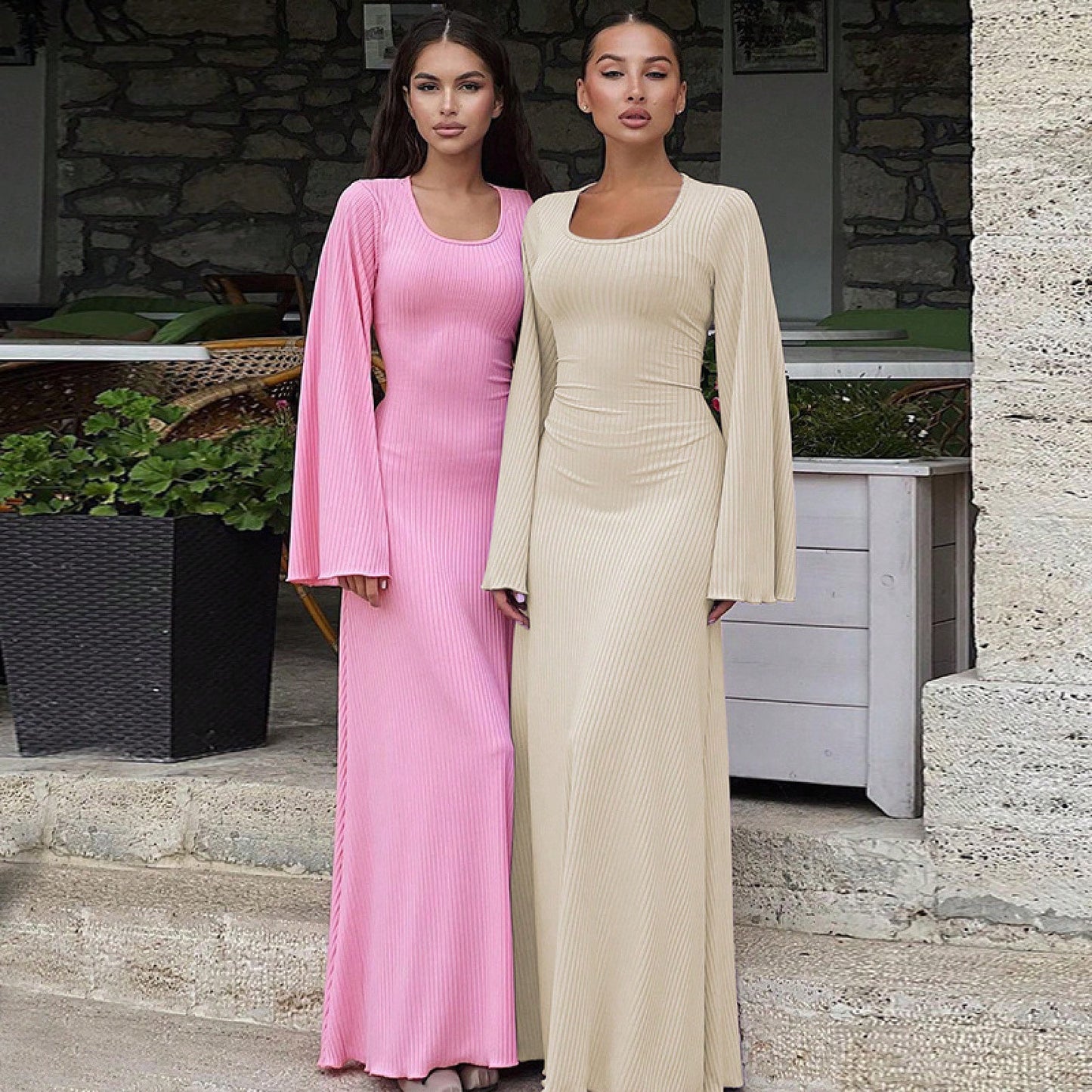 Elegant U Neck Open Back Tie Waist Long Sleeve Dress Women 2026 Chic Loose Fit Maxi Dress