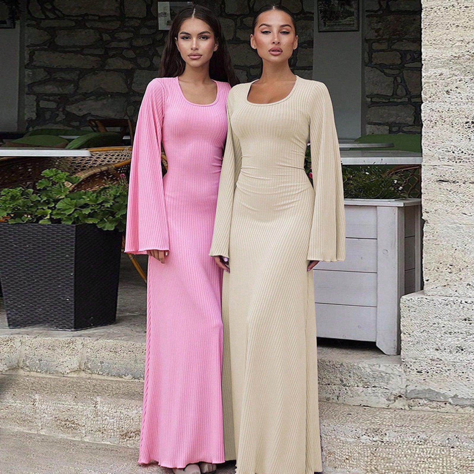 Elegant U Neck Open Back Tie Waist Long Sleeve Dress Women 2026 Chic Loose Fit Maxi Dress