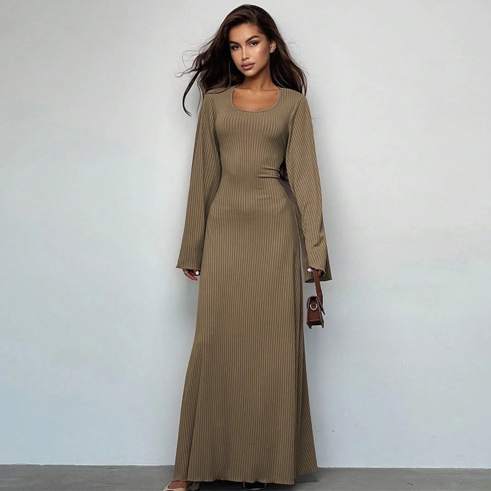 Elegant U Neck Open Back Tie Waist Long Sleeve Dress Women 2026 Chic Loose Fit Maxi Dress
