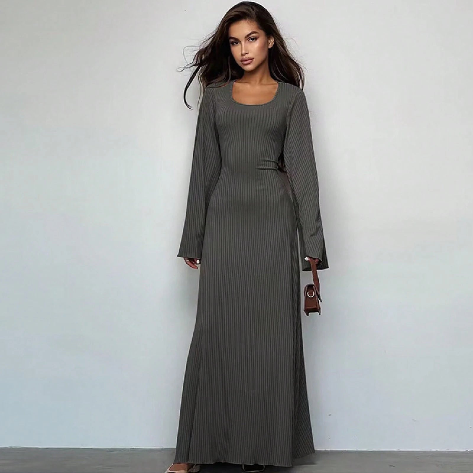 Elegant U Neck Open Back Tie Waist Long Sleeve Dress Women 2026 Chic Loose Fit Maxi Dress