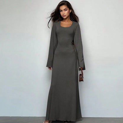 Elegant U Neck Open Back Tie Waist Long Sleeve Dress Women 2026 Chic Loose Fit Maxi Dress