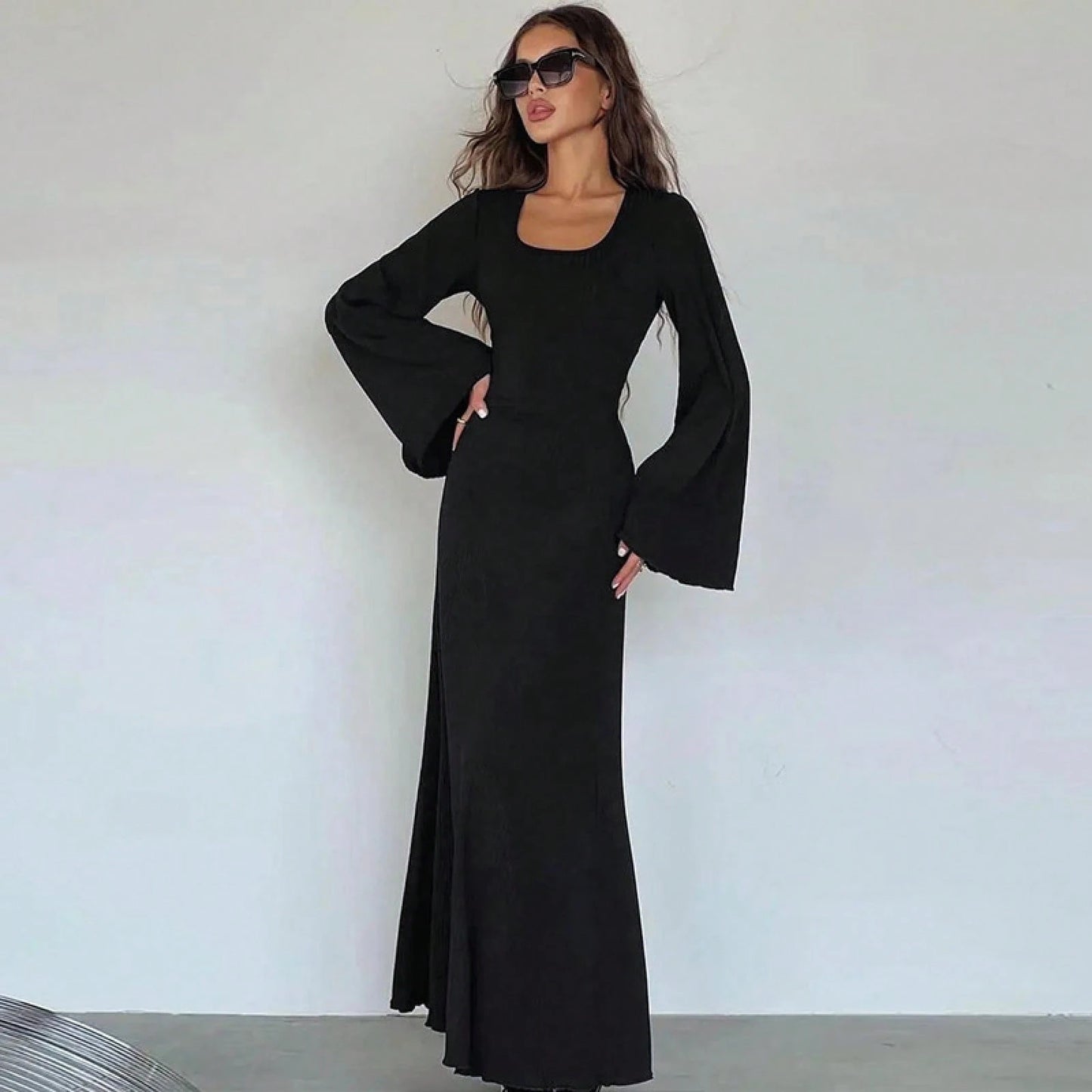 Elegant U Neck Open Back Tie Waist Long Sleeve Dress Women 2026 Chic Loose Fit Maxi Dress