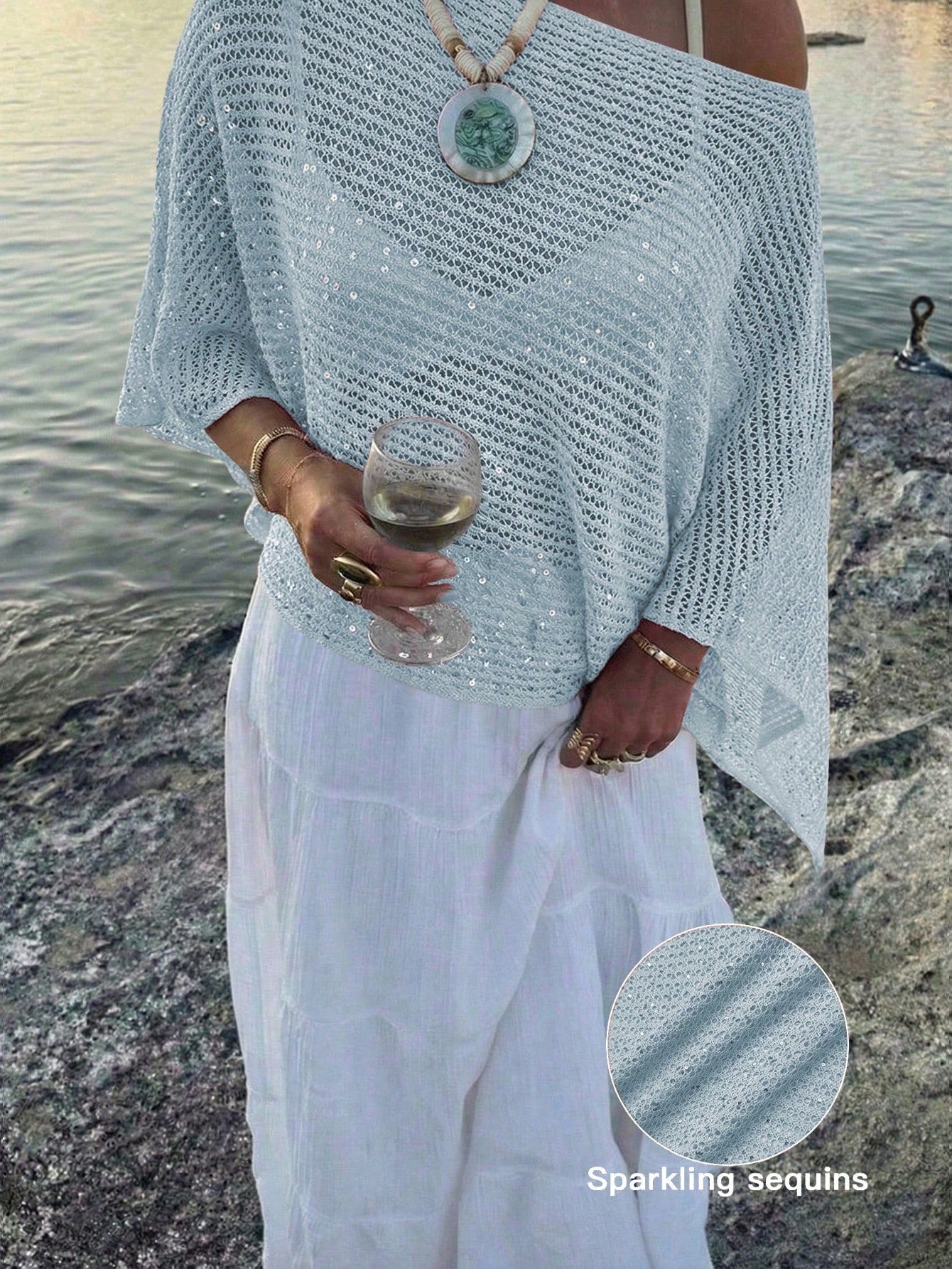 Elegant Women's Spring/Summer Fashion Casual Vacation Beach Pink Knit Hollow-Out Sequin Boat Neck Sheer Pullover Hoodie