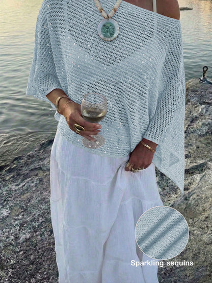 Elegant Women's Spring/Summer Fashion Casual Vacation Beach Pink Knit Hollow-Out Sequin Boat Neck Sheer Pullover Hoodie