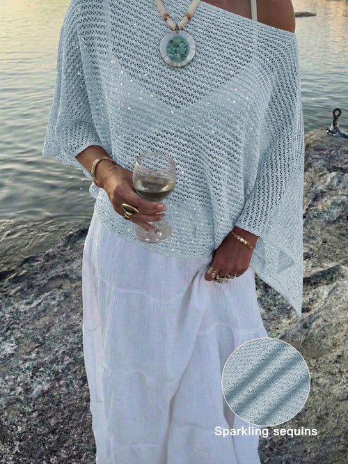 Elegant Women's Spring/Summer Fashion Casual Vacation Beach Pink Knit Hollow-Out Sequin Boat Neck Sheer Pullover Hoodie