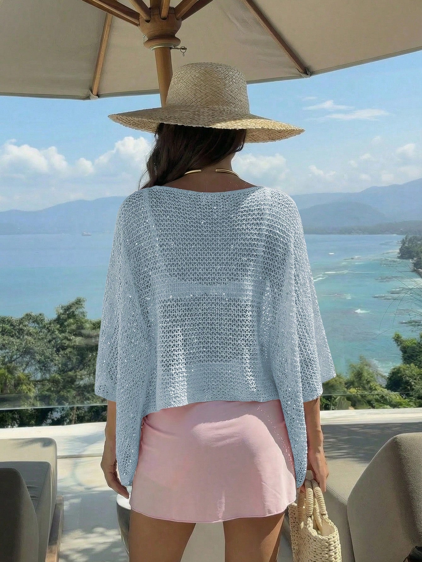 Elegant Women's Spring/Summer Fashion Casual Vacation Beach Pink Knit Hollow-Out Sequin Boat Neck Sheer Pullover Hoodie