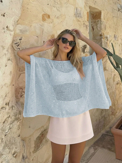 Elegant Women's Spring/Summer Fashion Casual Vacation Beach Pink Knit Hollow-Out Sequin Boat Neck Sheer Pullover Hoodie