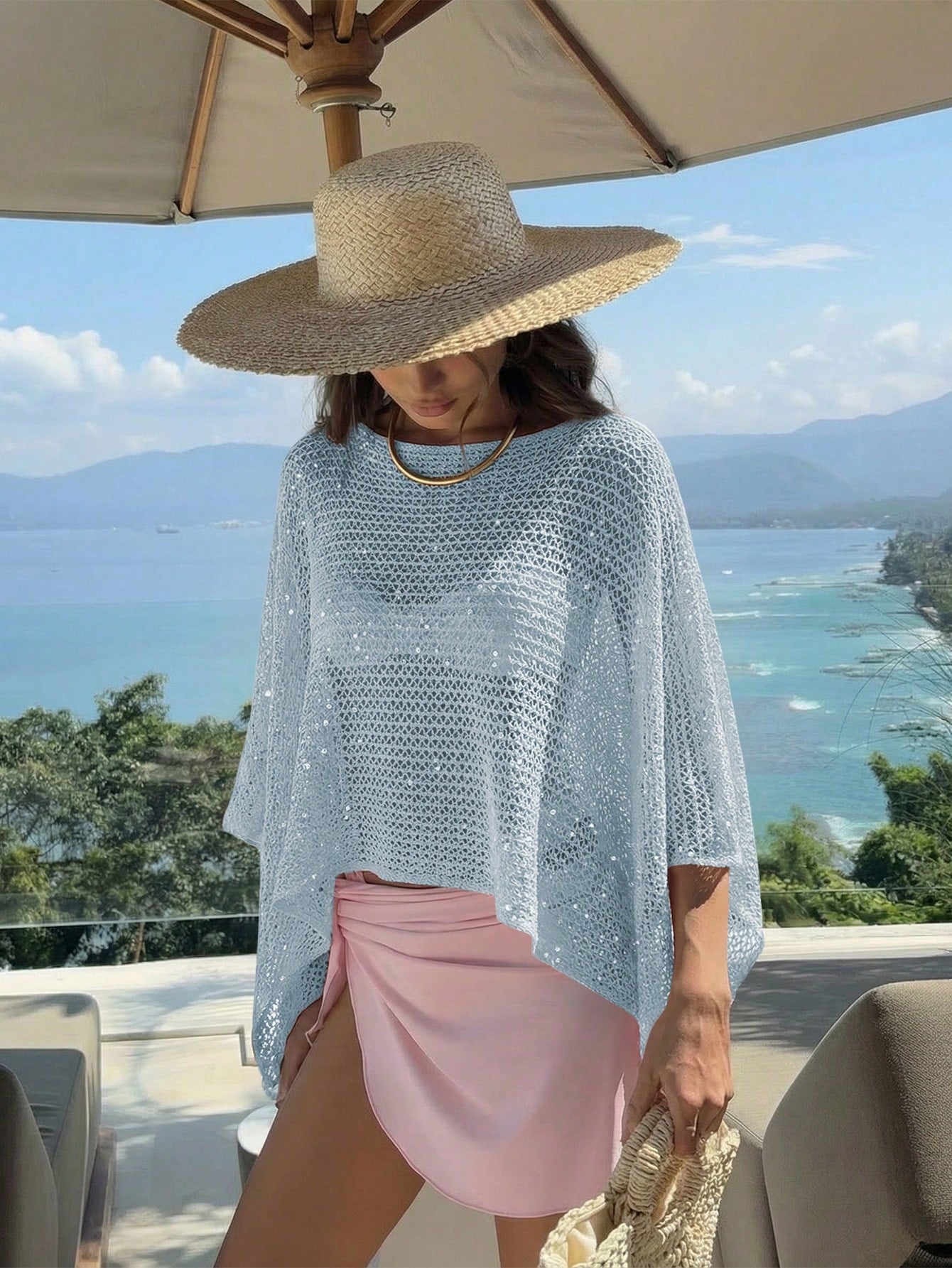 Elegant Women's Spring/Summer Fashion Casual Vacation Beach Pink Knit Hollow-Out Sequin Boat Neck Sheer Pullover Hoodie