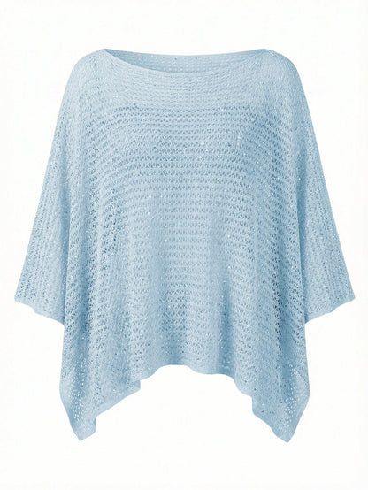 Elegant Women's Spring/Summer Fashion Casual Vacation Beach Pink Knit Hollow-Out Sequin Boat Neck Sheer Pullover Hoodie