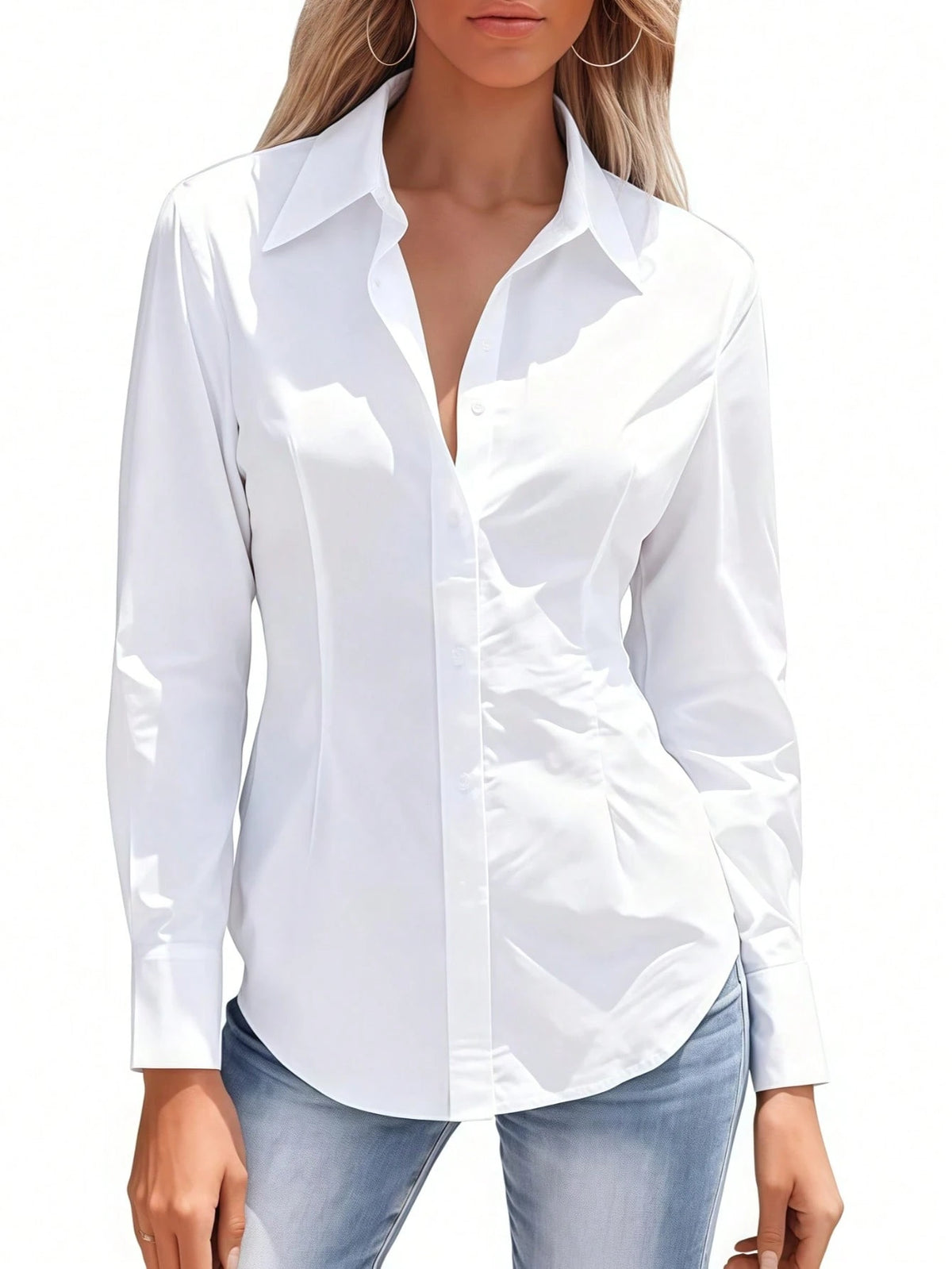Elegaris Women's Short Sleeve Button-Up Shirt, Collared Design, Waist Ruffle Detail, Slim Fit Casual Business Commute Blouse White