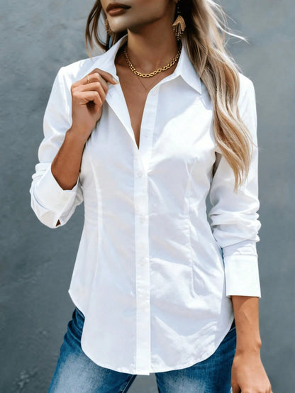 Elegaris Women's Short Sleeve Button-Up Shirt, Collared Design, Waist Ruffle Detail, Slim Fit Casual Business Commute Blouse White