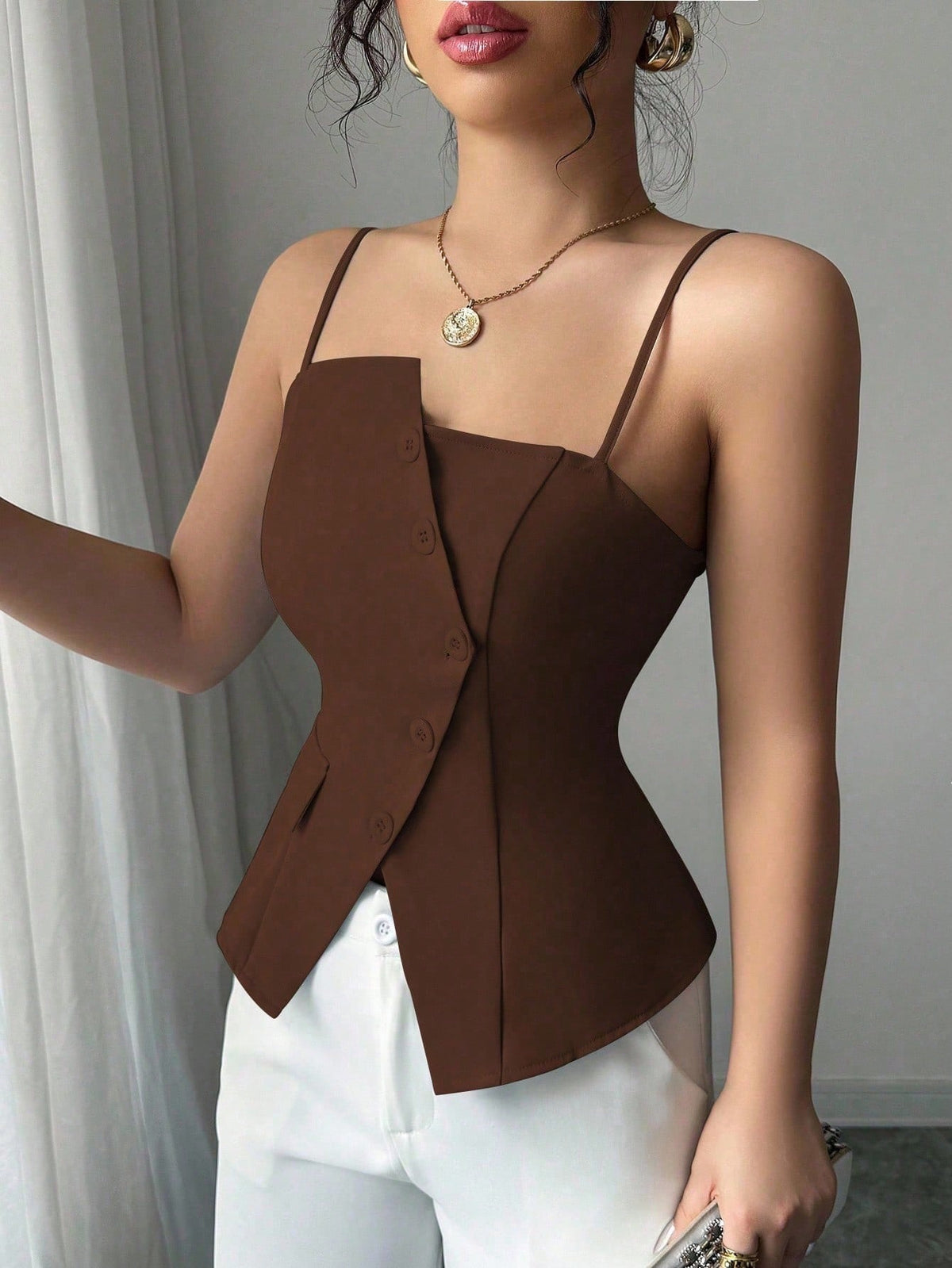 Elenzga 2025 New Blue Asymmetric Design Fashionable Versatile Commuting Casual Cinched Waist Camisole