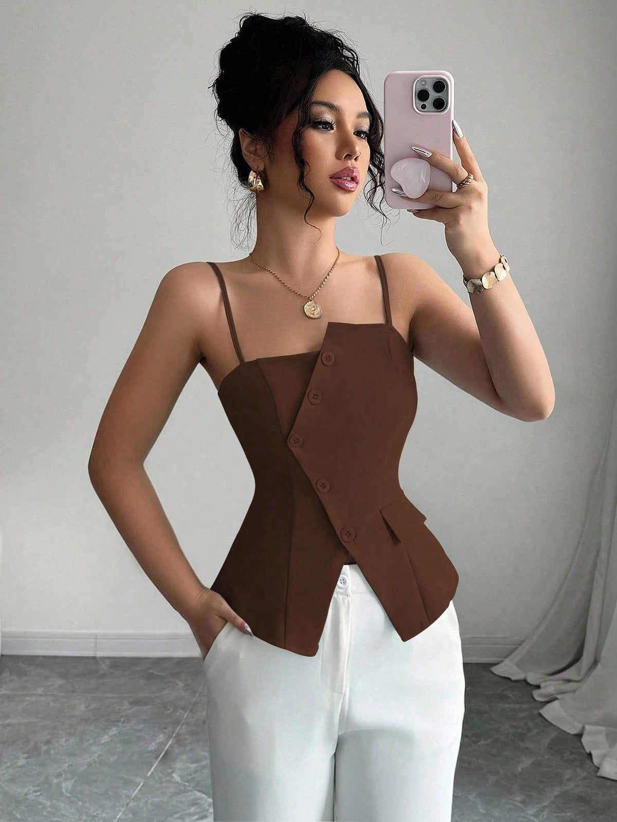 Elenzga 2025 New Blue Asymmetric Design Fashionable Versatile Commuting Casual Cinched Waist Camisole