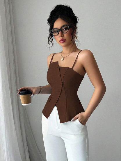 Elenzga 2025 New Blue Asymmetric Design Fashionable Versatile Commuting Casual Cinched Waist Camisole