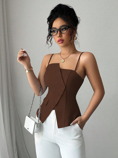 Elenzga 2025 New Blue Asymmetric Design Fashionable Versatile Commuting Casual Cinched Waist Camisole