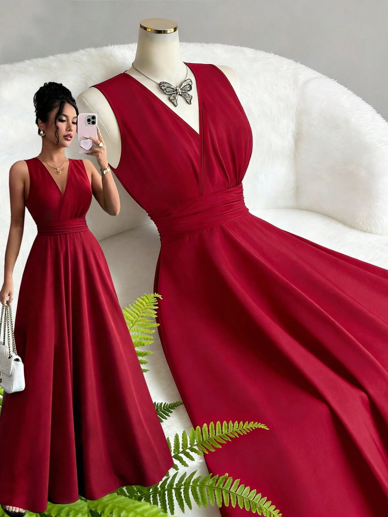 Elenzga Burgundy Red Summer Elegant French Style V-Neck Sleeveless Waist Cinched A-Line Long Dress,Holiday Dining Resort Design Vintage Fashion For Women