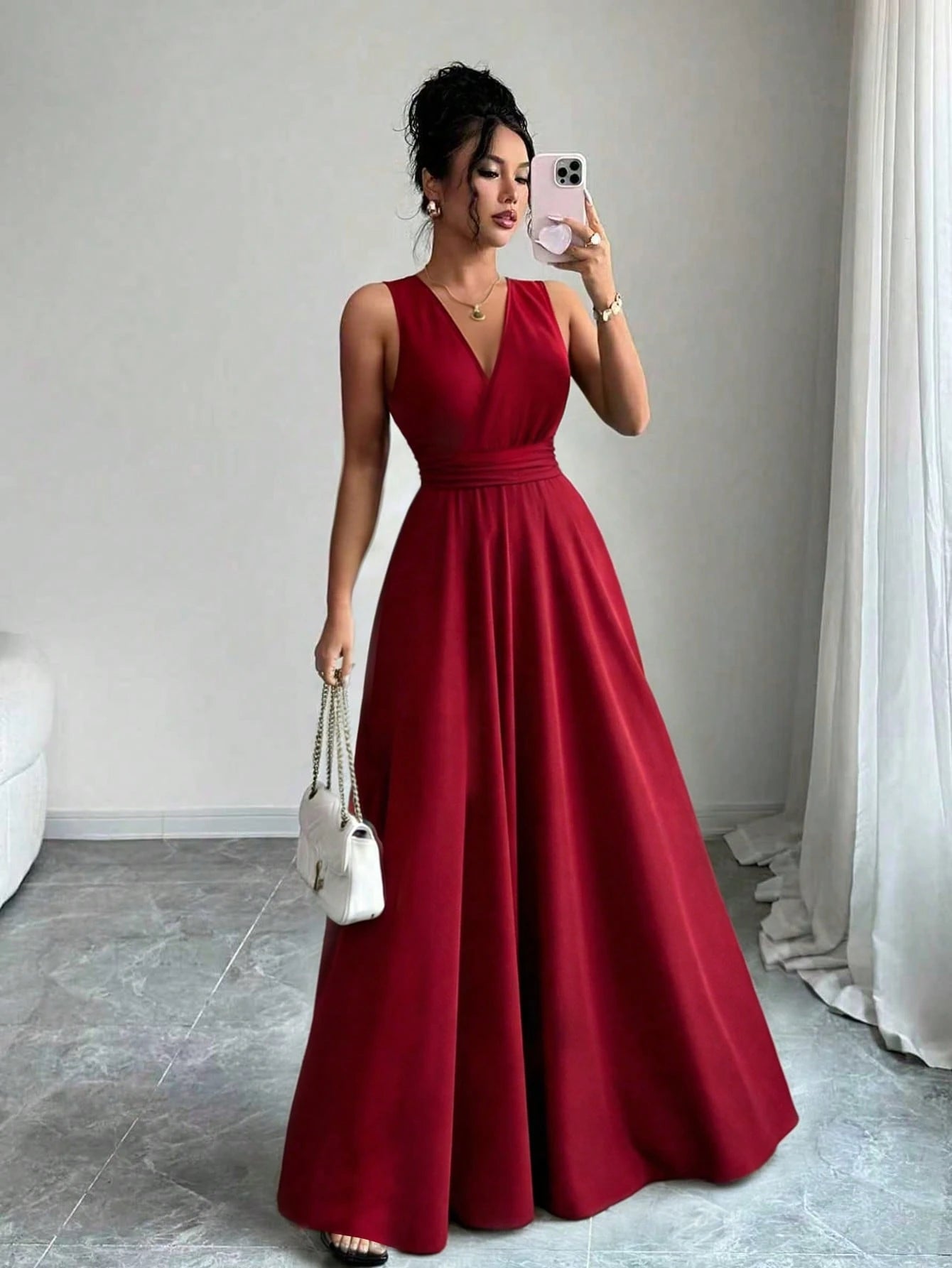 Elenzga Burgundy Red Summer Elegant French Style V-Neck Sleeveless Waist Cinched A-Line Long Dress,Holiday Dining Resort Design Vintage Fashion For Women