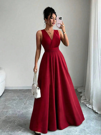 Elenzga Burgundy Red Summer Elegant French Style V-Neck Sleeveless Waist Cinched A-Line Long Dress,Holiday Dining Resort Design Vintage Fashion For Women