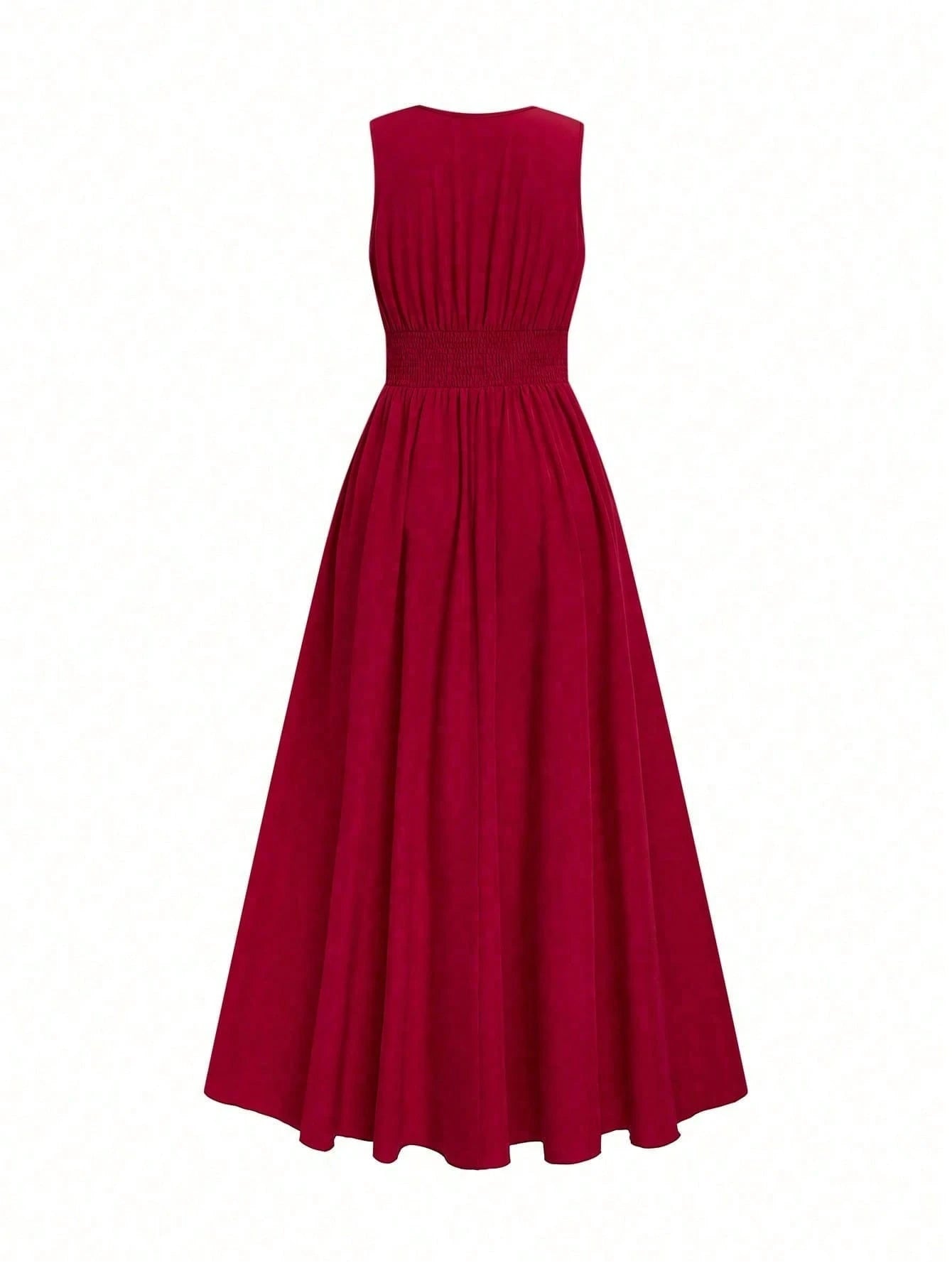 Elenzga Burgundy Red Summer Elegant French Style V-Neck Sleeveless Waist Cinched A-Line Long Dress,Holiday Dining Resort Design Vintage Fashion For Women