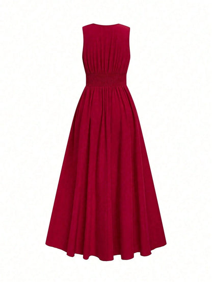 Elenzga Burgundy Red Summer Elegant French Style V-Neck Sleeveless Waist Cinched A-Line Long Dress,Holiday Dining Resort Design Vintage Fashion For Women