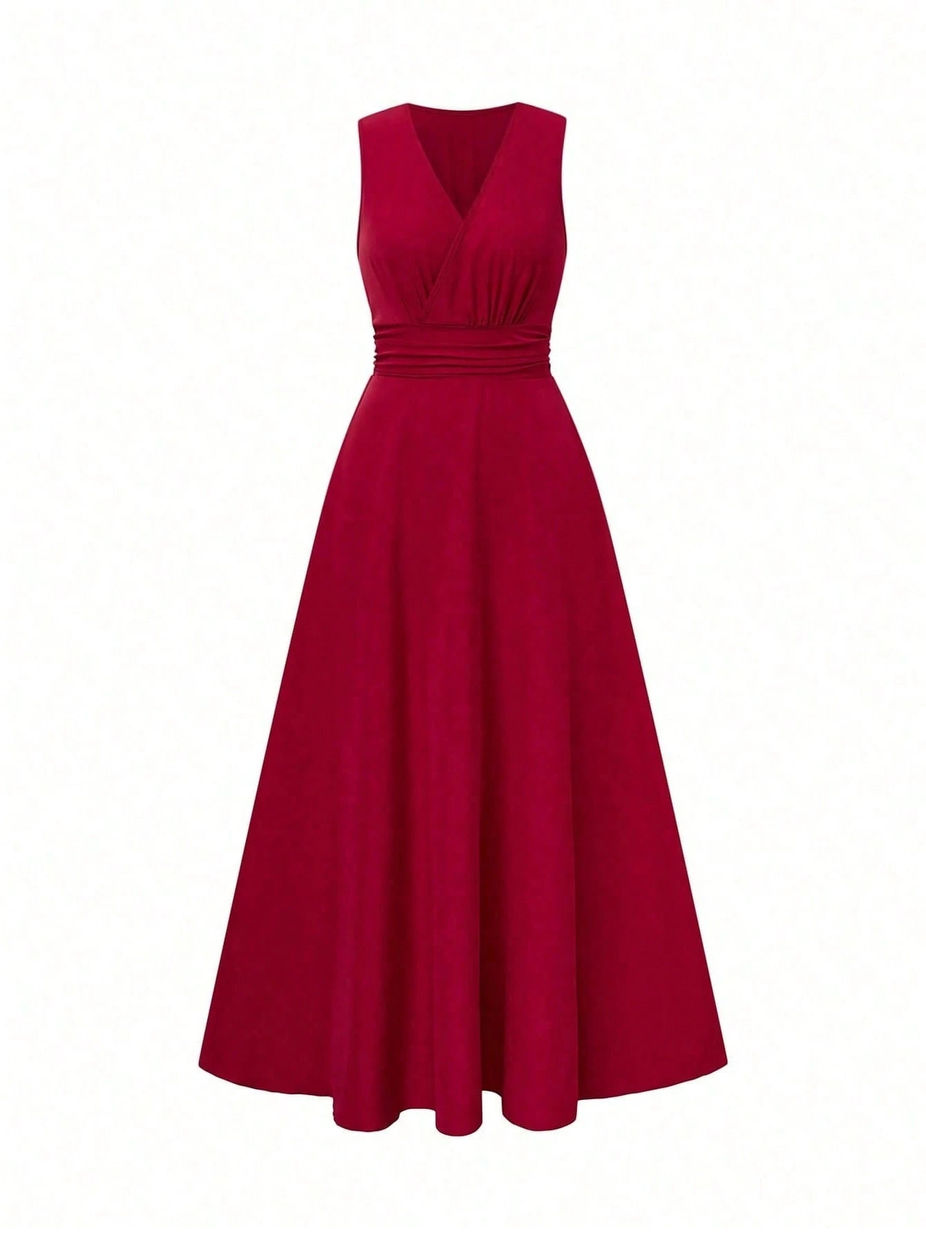 Elenzga Burgundy Red Summer Elegant French Style V-Neck Sleeveless Waist Cinched A-Line Long Dress,Holiday Dining Resort Design Vintage Fashion For Women
