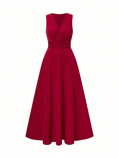 Elenzga Burgundy Red Summer Elegant French Style V-Neck Sleeveless Waist Cinched A-Line Long Dress,Holiday Dining Resort Design Vintage Fashion For Women