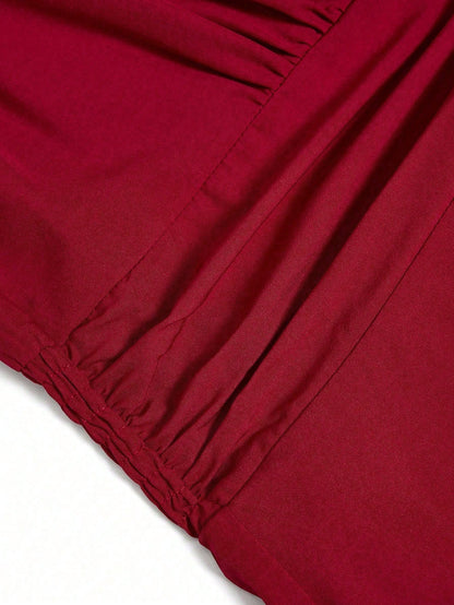 Elenzga Burgundy Red Summer Elegant French Style V-Neck Sleeveless Waist Cinched A-Line Long Dress,Holiday Dining Resort Design Vintage Fashion For Women