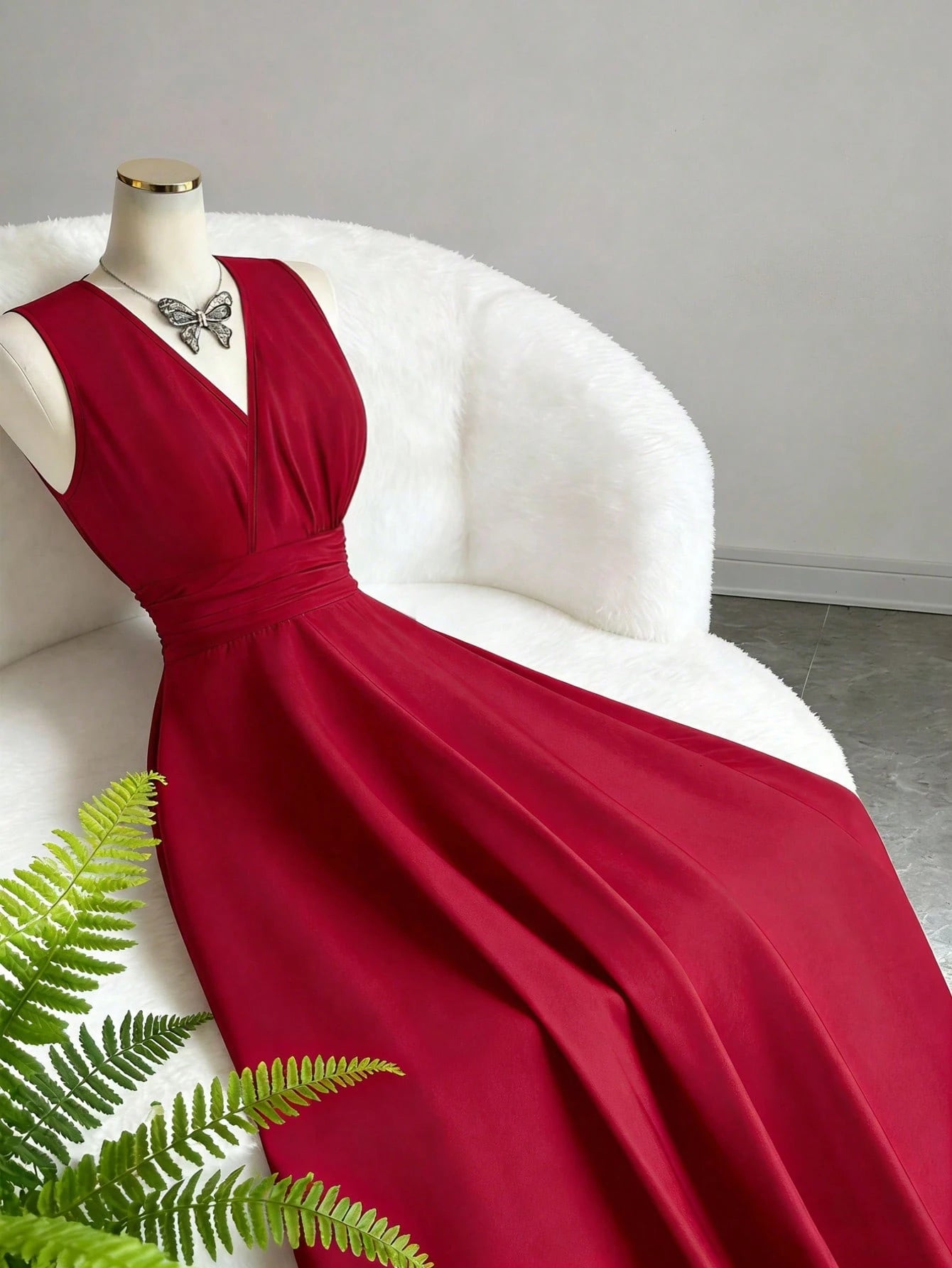 Elenzga Burgundy Red Summer Elegant French Style V-Neck Sleeveless Waist Cinched A-Line Long Dress,Holiday Dining Resort Design Vintage Fashion For Women