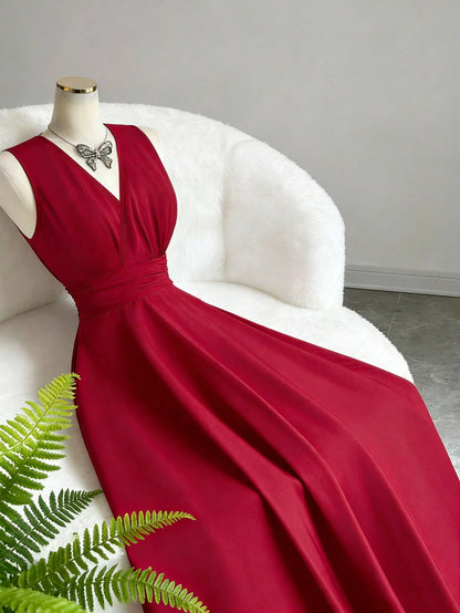Elenzga Burgundy Red Summer Elegant French Style V-Neck Sleeveless Waist Cinched A-Line Long Dress,Holiday Dining Resort Design Vintage Fashion For Women