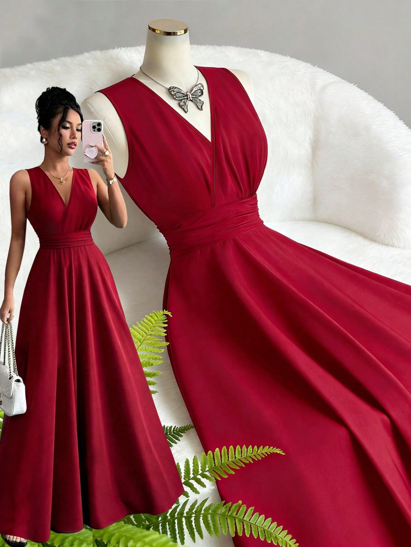 Elenzga Burgundy Red Summer Elegant French Style V-Neck Sleeveless Waist Cinched A-Line Long Dress,Holiday Dining Resort Design Vintage Fashion For Women